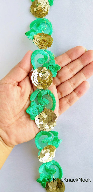 Wholesale Green Trim, Tissue Fabric Cutwork Floral Embroidery & Gold Sequins Approx. 40mm Wide, Trim By 9 Yards Indian Sequins Border